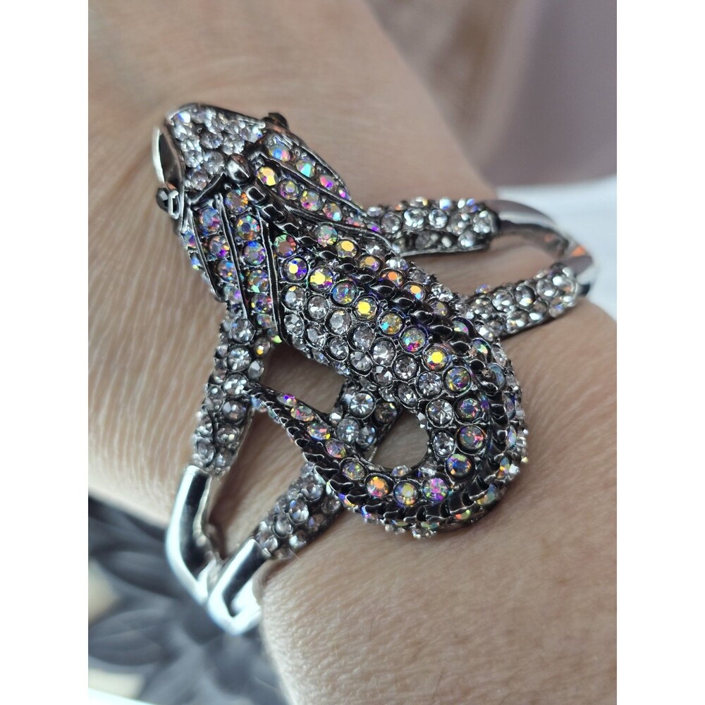 Rhinestone Lizard Gecko Clamp Bracelet Silver Tone Aurora Borealis Statement 372